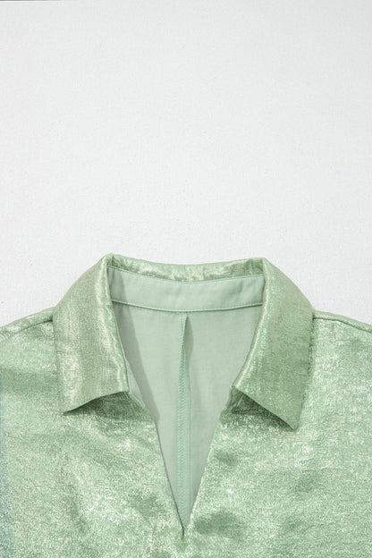 Clearly Aqua Collared V Neck Half Sleeve Metallic Top