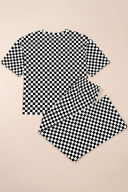 Black Checkered Print Half Sleeve Tee 2pcs Lounge Pant Set