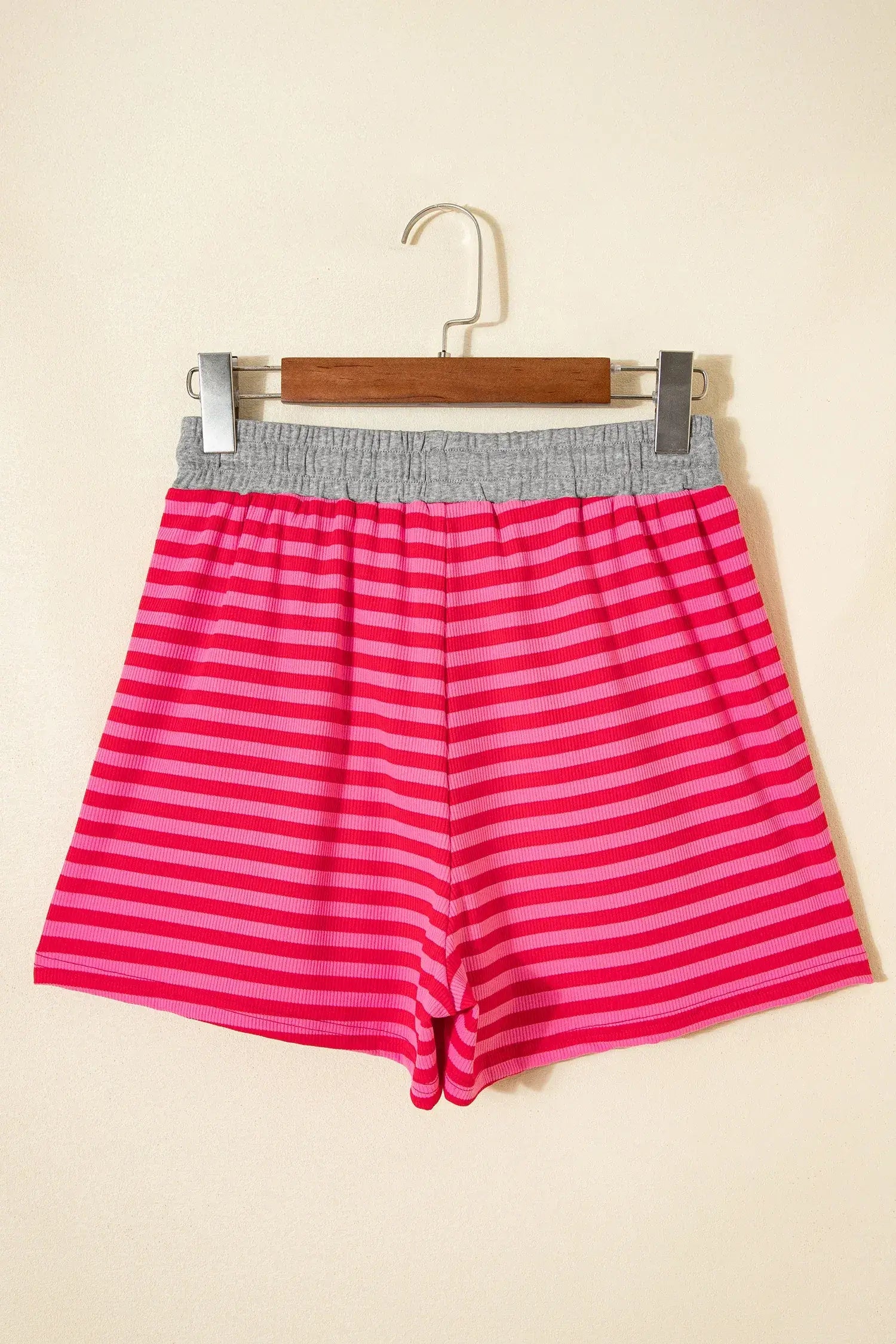 Rose Stripe Contrast Elastic Waist Casual Ribbed Shorts - Sweet Fashion Wholesale