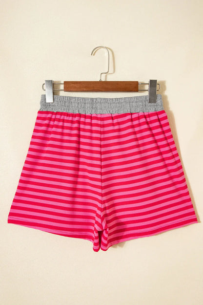 Rose Stripe Contrast Elastic Waist Casual Ribbed Shorts - Sweet Fashion Wholesale