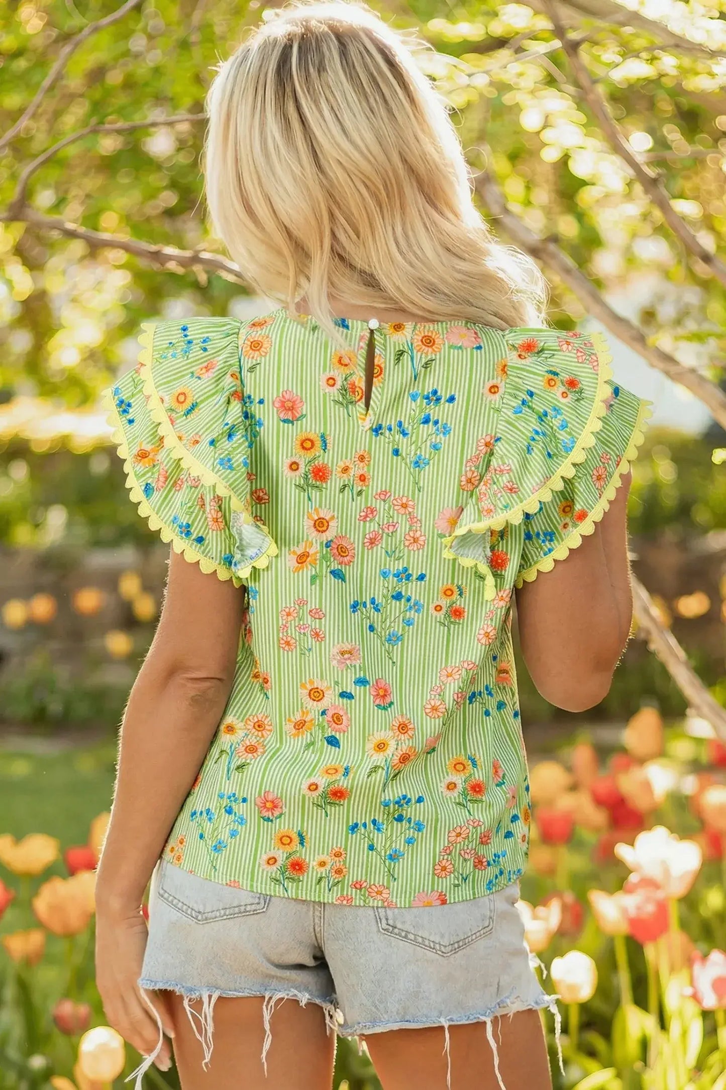 Green Stripe Floral Printed Scalloped Detail Ruffle Short Sleeve Blouse - Sweet Fashion Wholesale