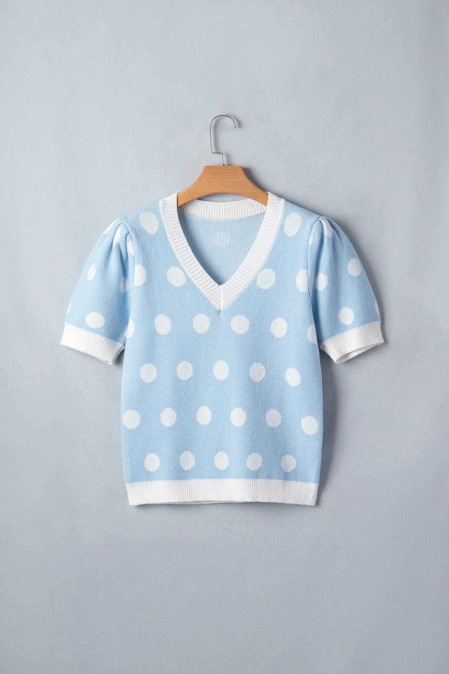 Pink Polka Dot Puff Short Sleeve Sweater Top - Sweet Fashion Wholesale