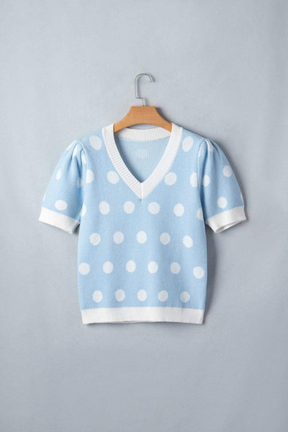 Pink Polka Dot Puff Short Sleeve Sweater Top - Sweet Fashion Wholesale