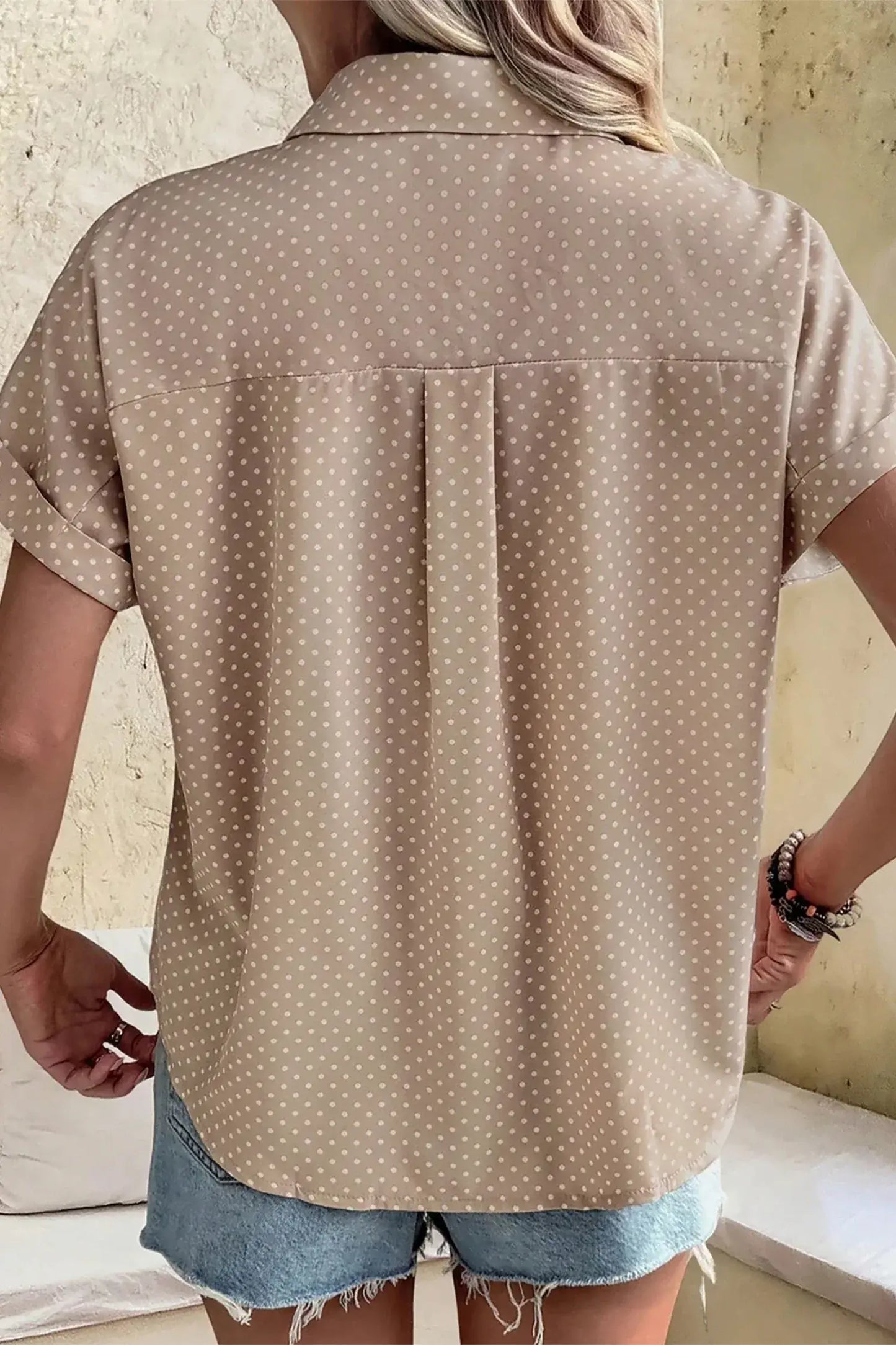 Khaki Dotted Print Cuffed Short Sleeve Shirt - Sweet Fashion Wholesale