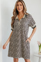 Khaki Leopard Print Zip Neck Striped Webbing Patchwork T Shirt Mini Dress - Sweet Fashion Wholesale