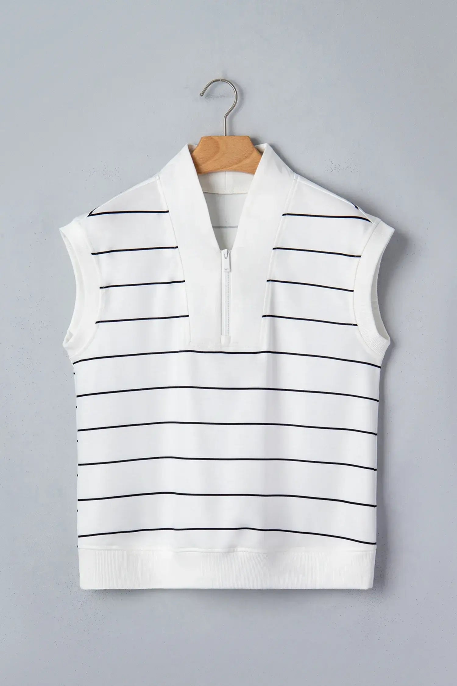 White Stripe Color Block Zip V Neck Sleeveless Top - Sweet Fashion Wholesale