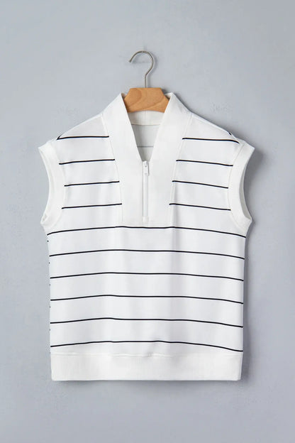 White Stripe Color Block Zip V Neck Sleeveless Top - Sweet Fashion Wholesale