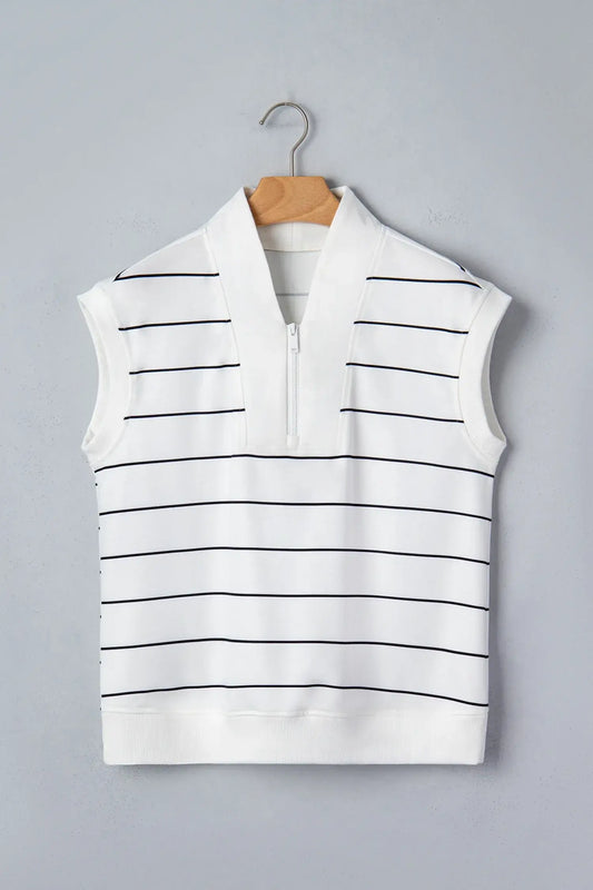 White Stripe Color Block Zip V Neck Sleeveless Top - Sweet Fashion Wholesale