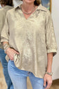 Clearly Aqua Collared V Neck Half Sleeve Metallic Top