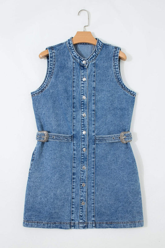 Myosotis Western Belt Button Down Sleeveless Denim Short Dress