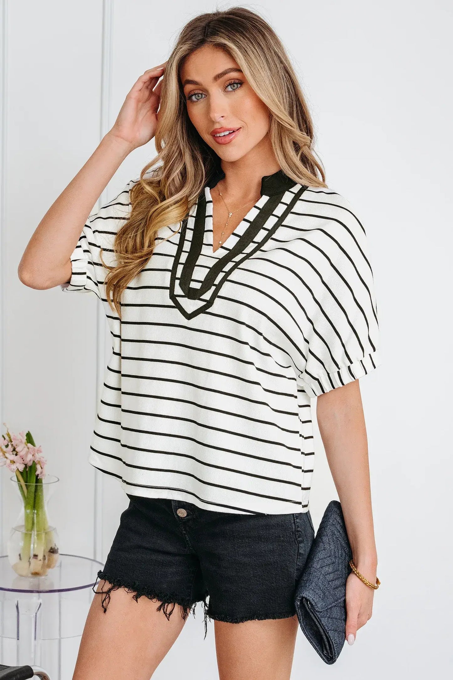 White Stripe Stand Collar V Neck Elastic Cuffs Half Sleeve Dolman Top - Sweet Fashion Wholesale