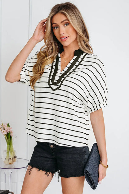 White Stripe Stand Collar V Neck Elastic Cuffs Half Sleeve Dolman Top - Sweet Fashion Wholesale