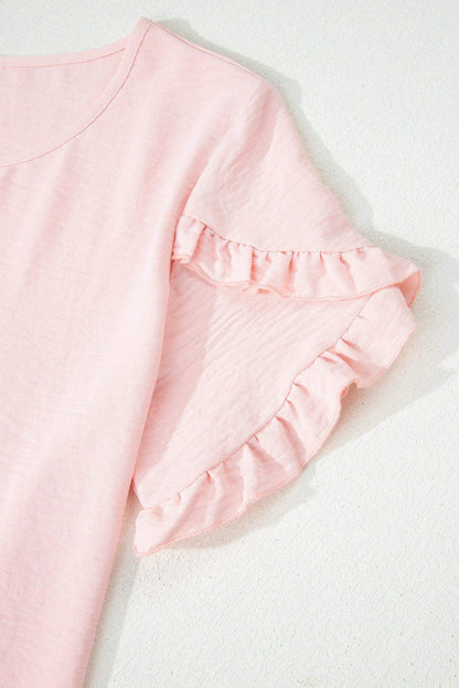 Sea Green Solid Color Ruffle Trim Short Sleeve Blouse - Sweet Fashion Wholesale