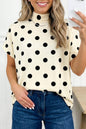 Beige Polka Dot Print High Neck Dolman Top