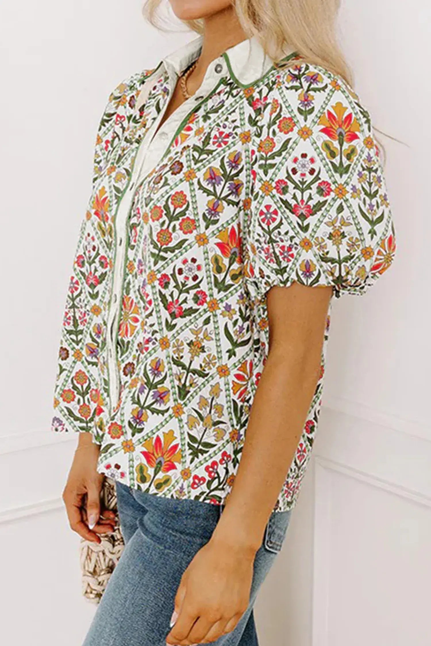 Green Short Bubble Sleeve Floral Shirt - Sweet Fashion Wholesale