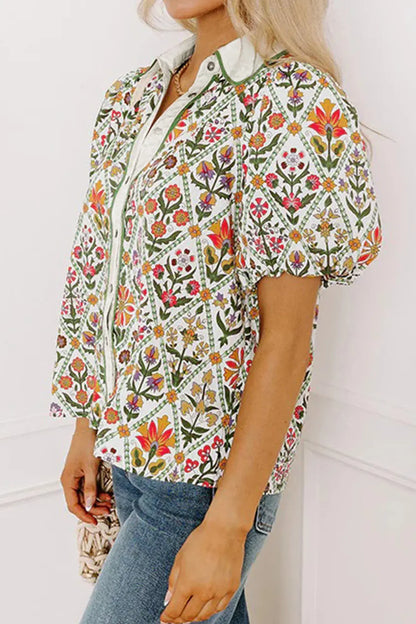 Green Short Bubble Sleeve Floral Shirt - Sweet Fashion Wholesale
