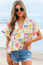 Pink Floral Boxy Fit Ruffled Short Sleeve V Neck Blouse