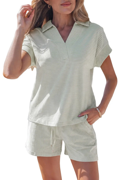 Khaki Stripe Dolman Sleeve Polo Shirt and Drawstring Shorts Set