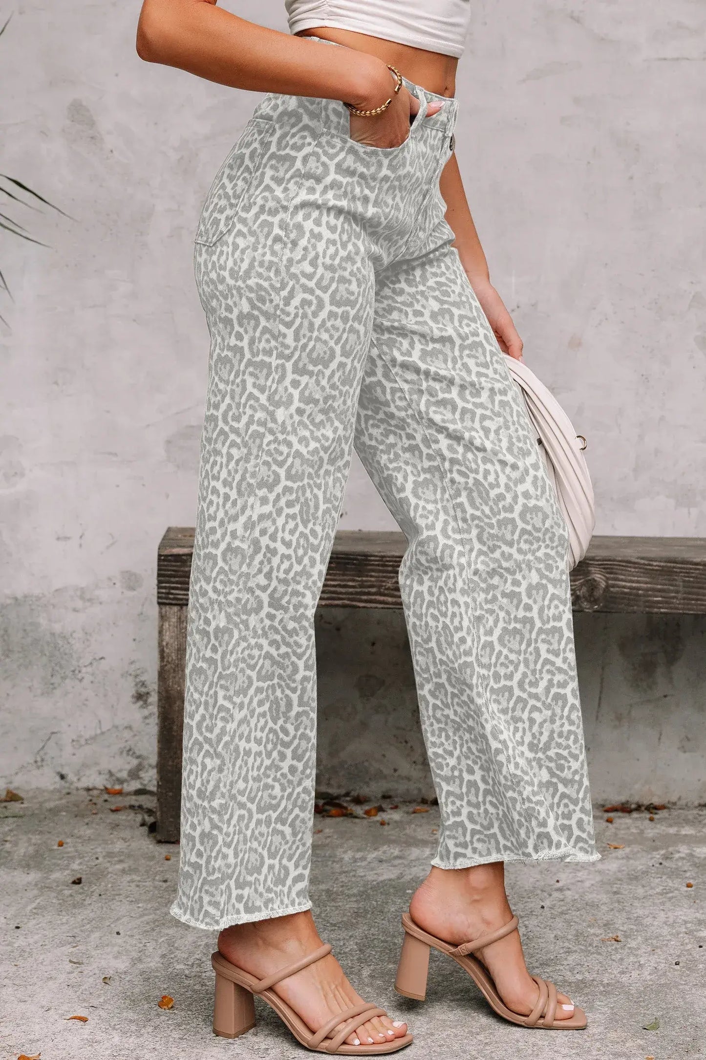 Gray Leopard Frayed Edge Wide Leg High Waist Jeans - Sweet Fashion Wholesale
