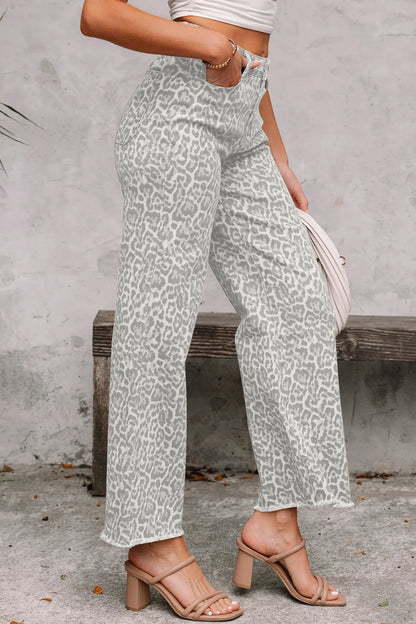 Gray Leopard Frayed Edge Wide Leg High Waist Jeans - Sweet Fashion Wholesale