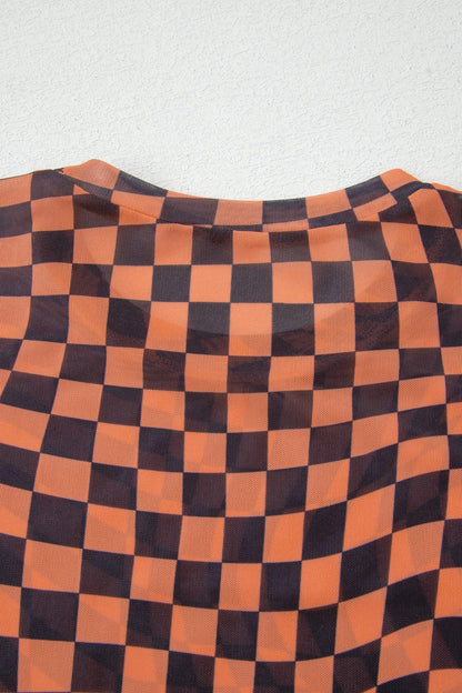 Orange Checkered Print Crew Neck Mesh T Shirt