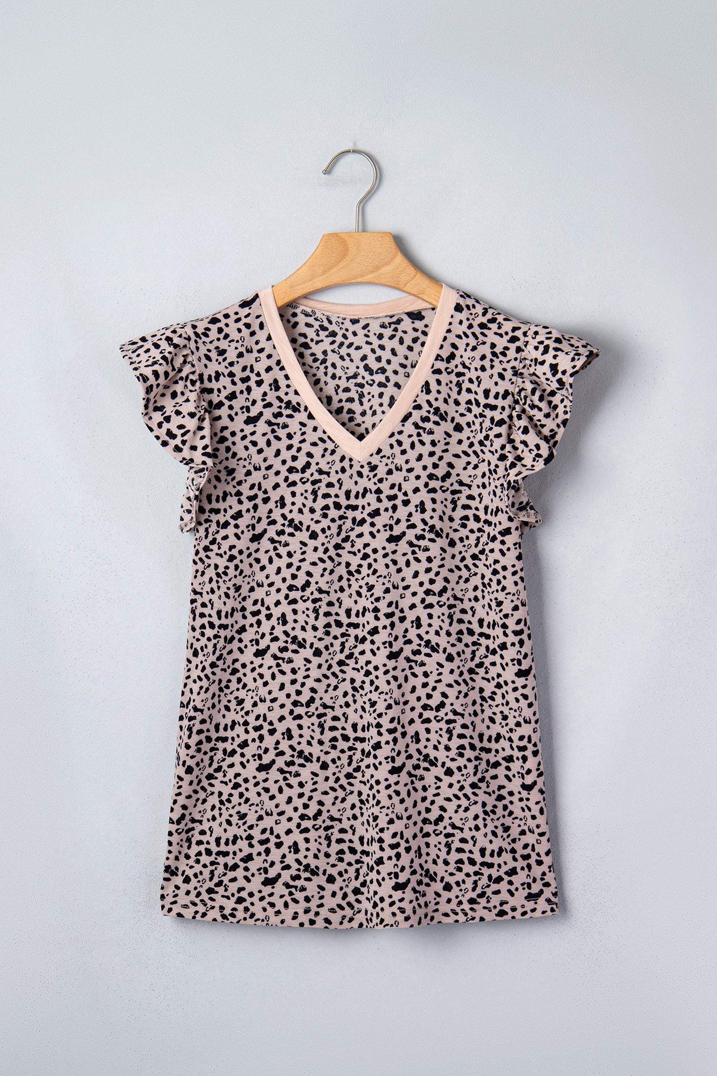 Black Cheetah Print V Neck Ruffle Trim Loose Tank Top
