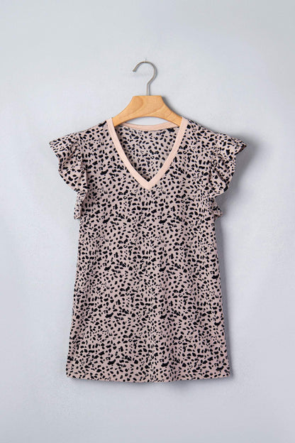 Black Cheetah Print V Neck Ruffle Trim Loose Tank Top