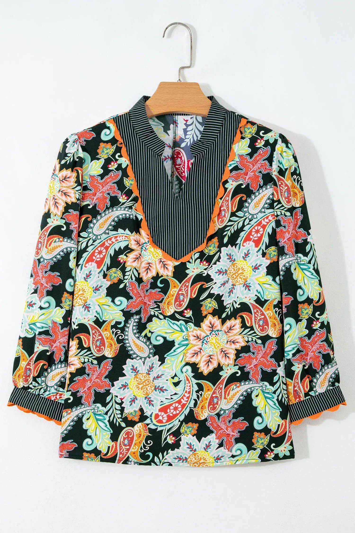 Black Contrast Ricrac Trim Striped Edge Patchwork Floral Print Blouse - Sweet Fashion Wholesale