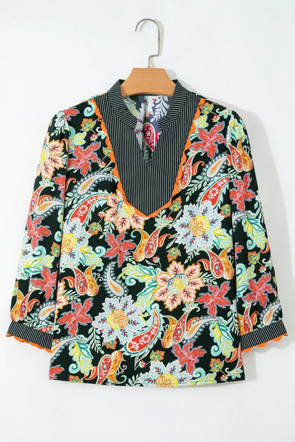 Black Contrast Ricrac Trim Striped Edge Patchwork Floral Print Blouse - Sweet Fashion Wholesale