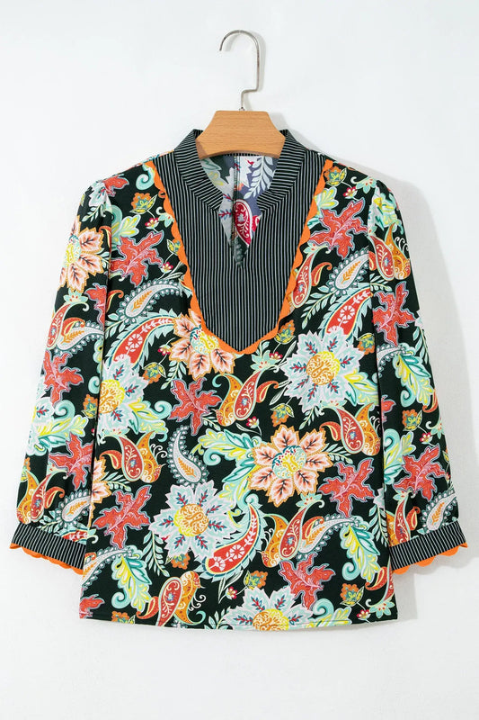 Black Contrast Ricrac Trim Striped Edge Patchwork Floral Print Blouse - Sweet Fashion Wholesale
