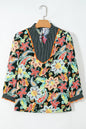 Black Contrast Ricrac Trim Striped Edge Patchwork Floral Print Blouse - Sweet Fashion Wholesale