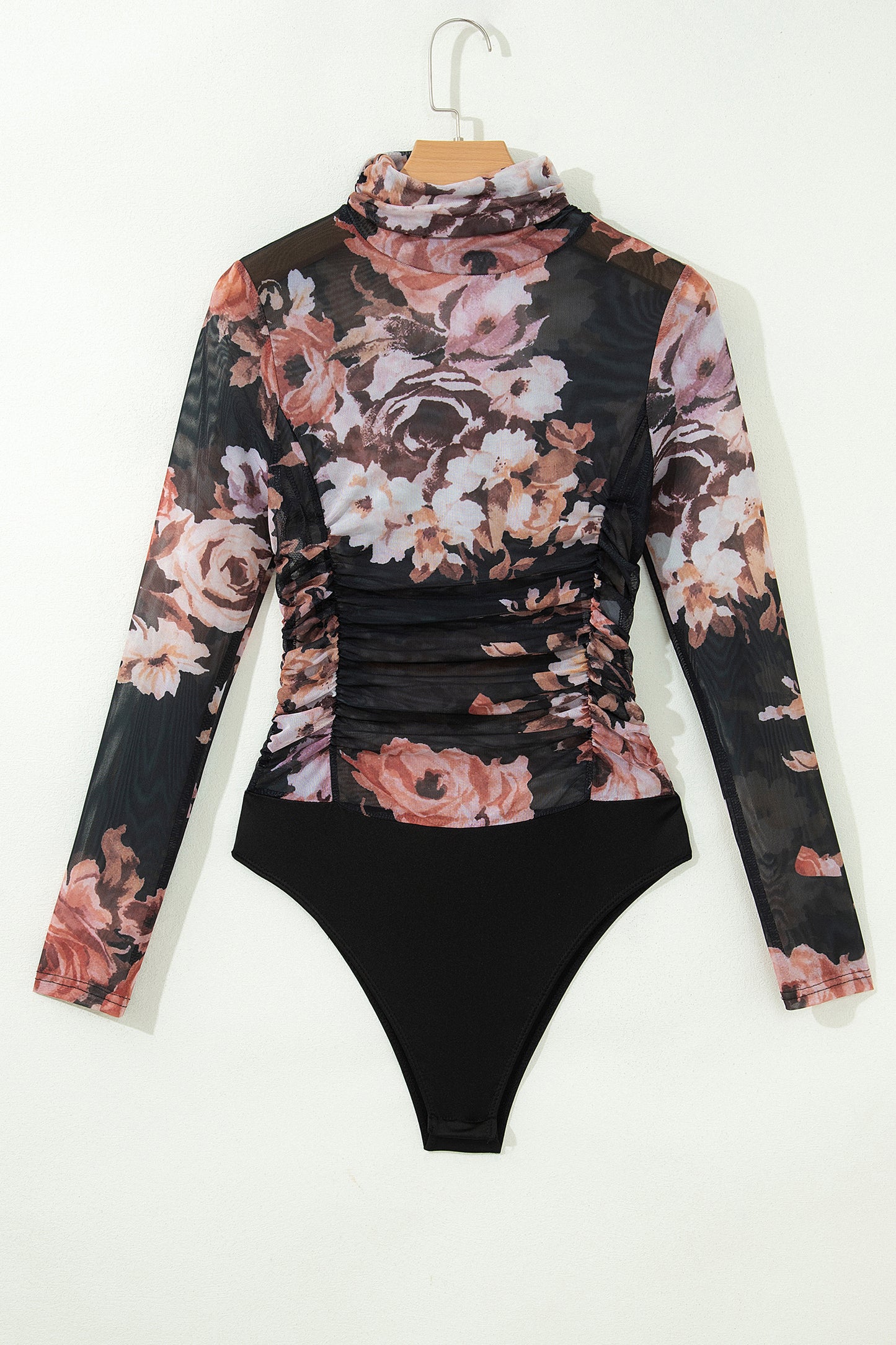 Brown Floral Mesh Long Sleeve High Neck Bodysuit
