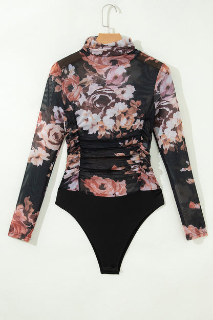 Brown Floral Mesh Long Sleeve High Neck Bodysuit