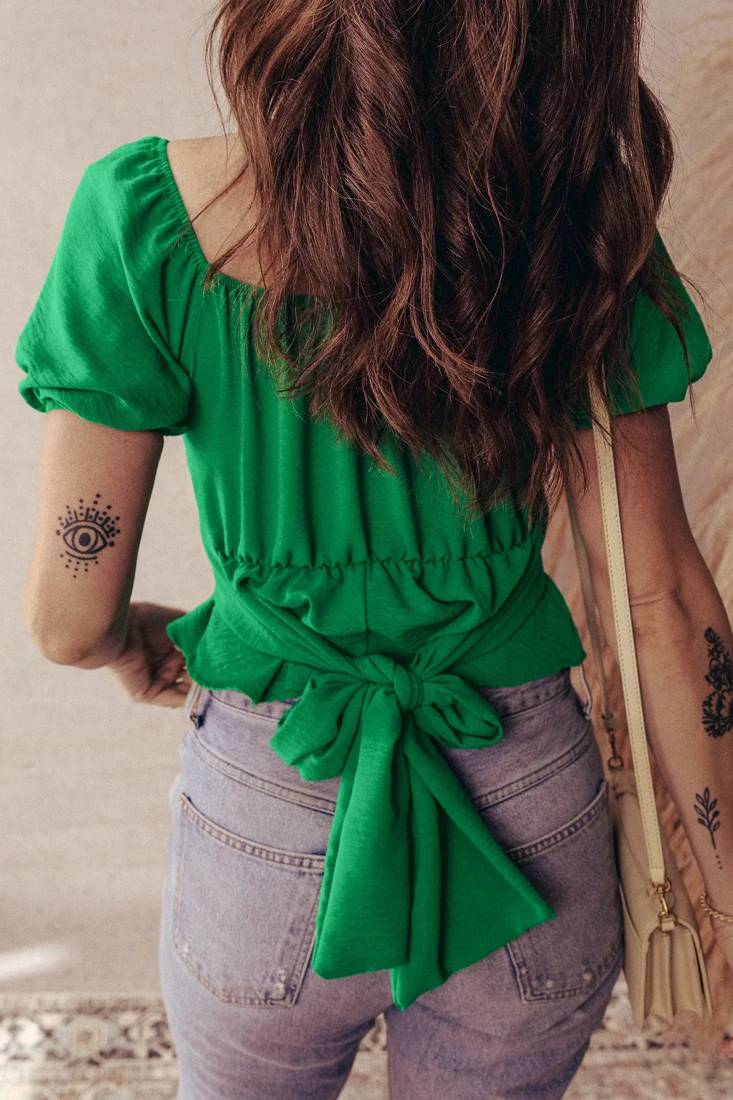 Dark Green Solid Color Ruched Crossed Waist Tied Back Short Sleeve Peplum Top - Sweet Fashion Wholesale