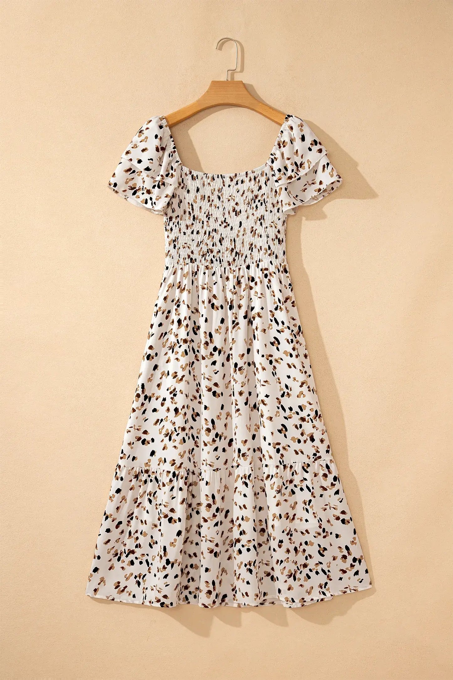 Beige Ditsy Floral Print Smocked Square Neck Ruffle Short Sleeve Dress - Sweet Fashion Wholesale