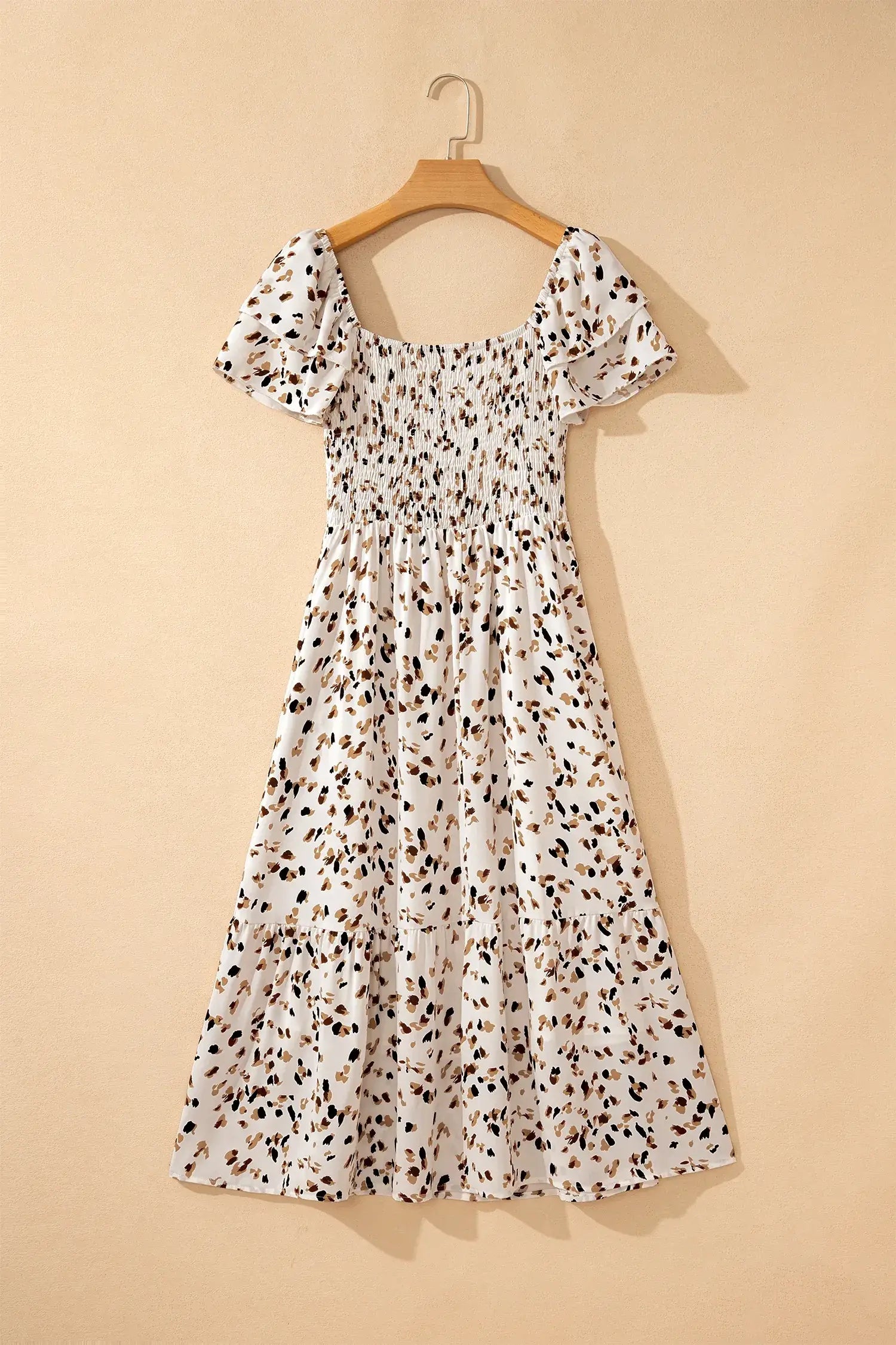 Beige Ditsy Floral Print Smocked Square Neck Ruffle Short Sleeve Dress - Sweet Fashion Wholesale