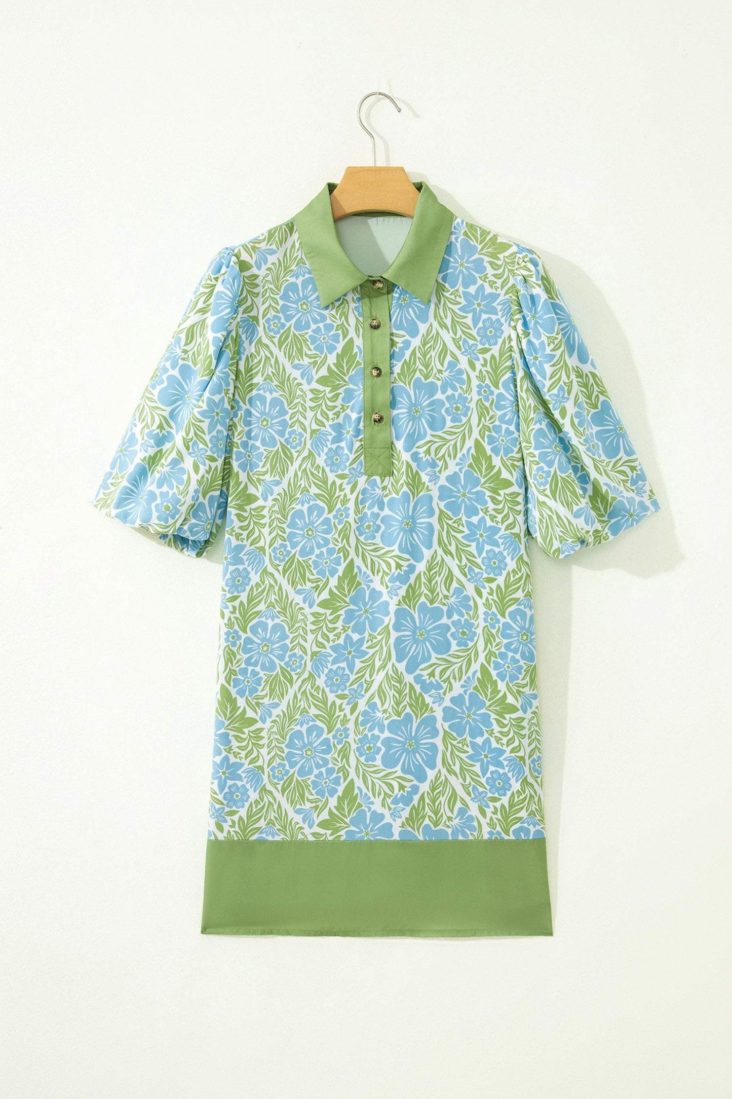 Sky Blue Floral Print Color Block Patchwork Shirt Collar Half Sleeve Mini Dress