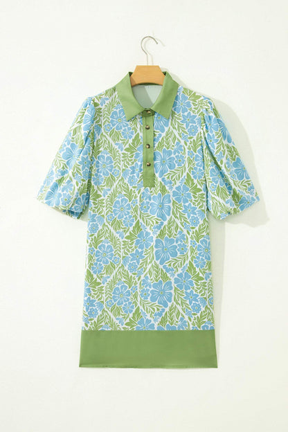 Sky Blue Floral Print Color Block Patchwork Shirt Collar Half Sleeve Mini Dress