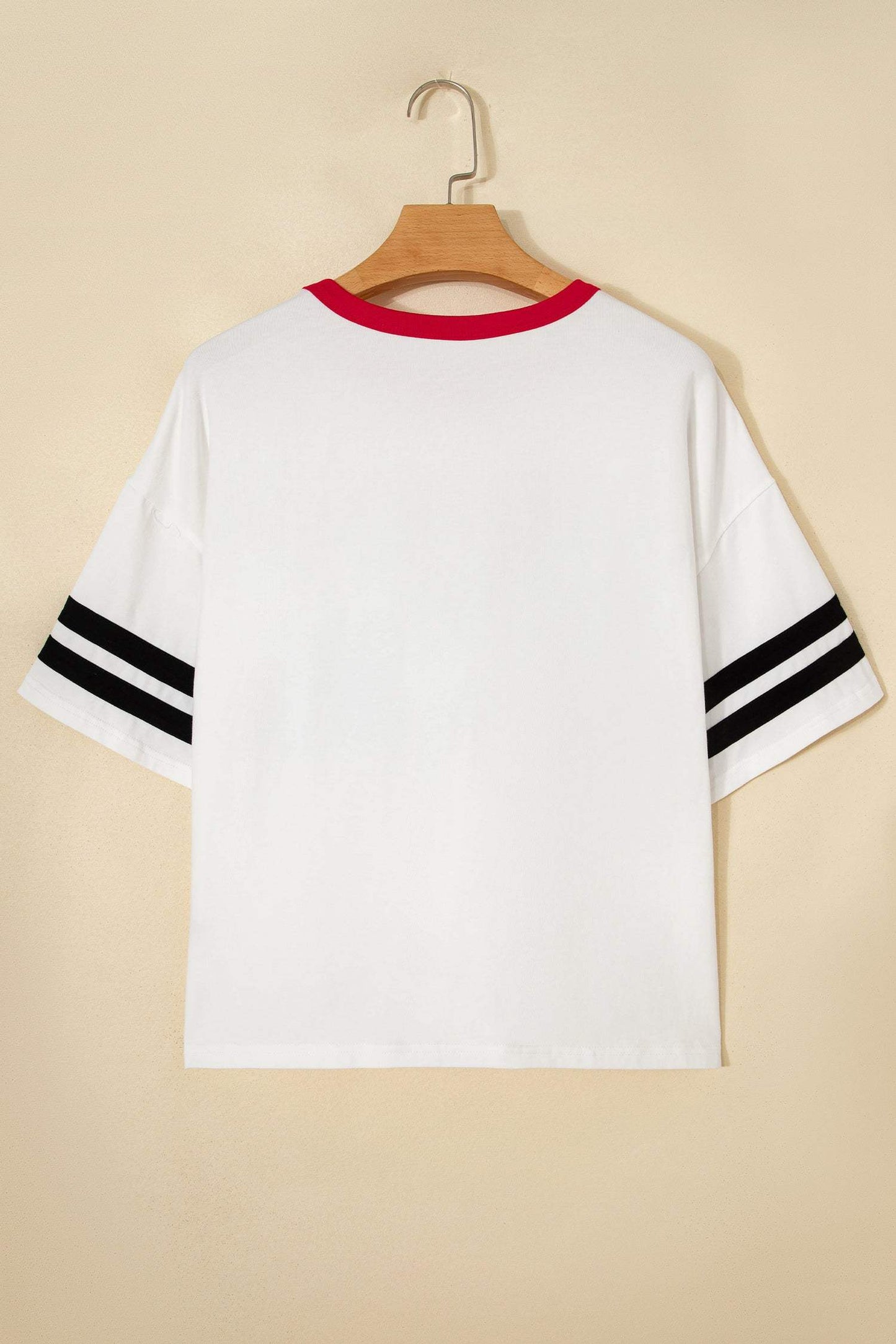 White USA Letter Printed Varsity Striped Sleeve Round Neck Tee