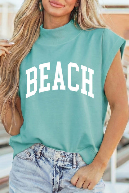 Mint Green High Neck Short Sleeve Beach Graphic Tee