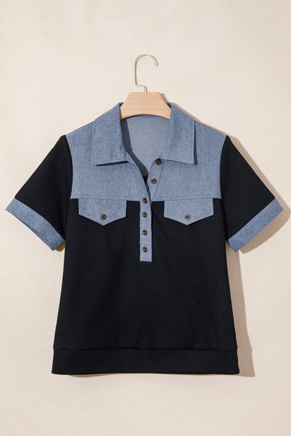 Black Waffle Knit Denim Color Block Patchwork Button Flap Polo Top