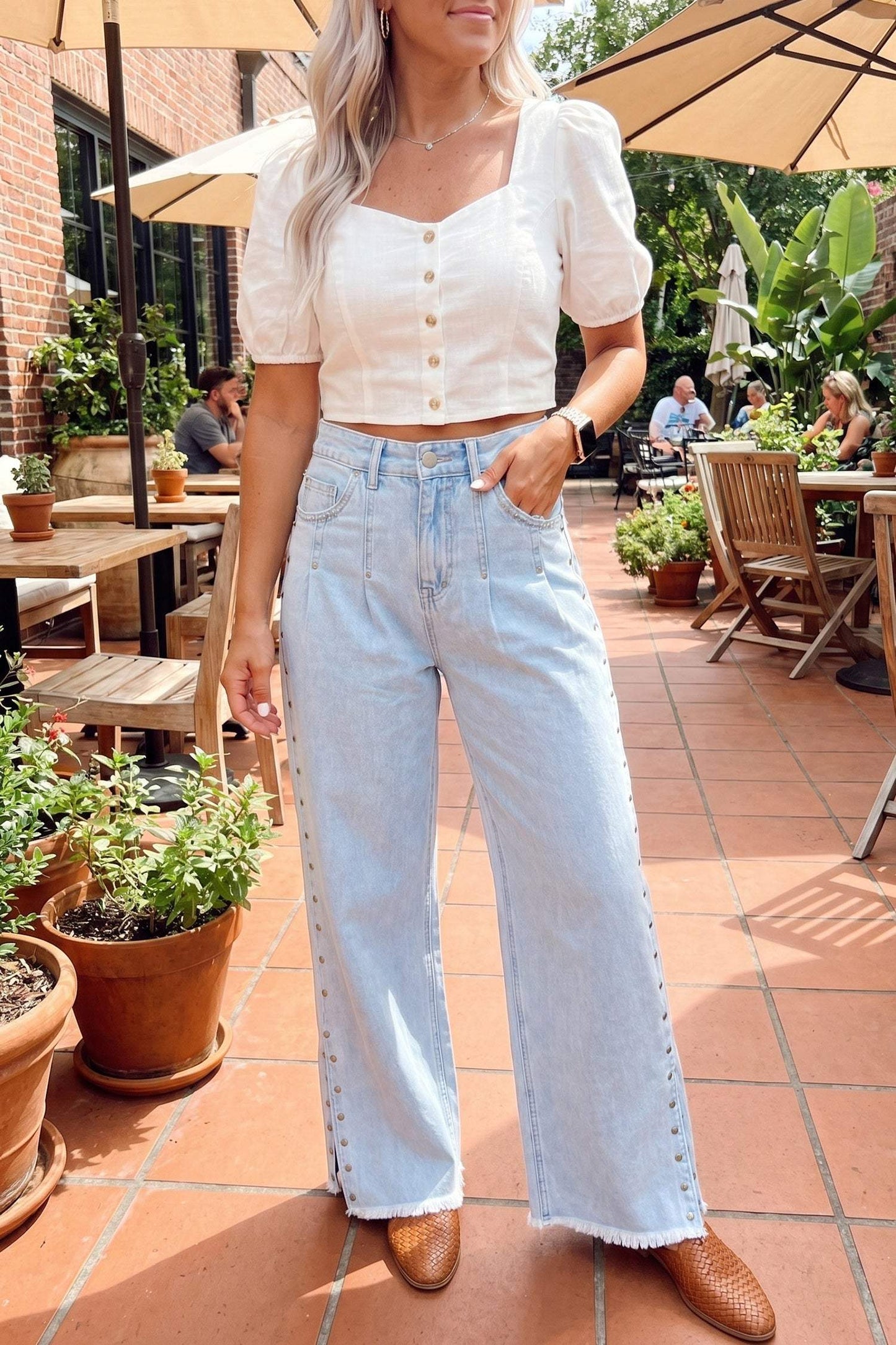 Beau Blue Studded Side Slit Leg Frayed Pocketed Wide Leg Jeans
