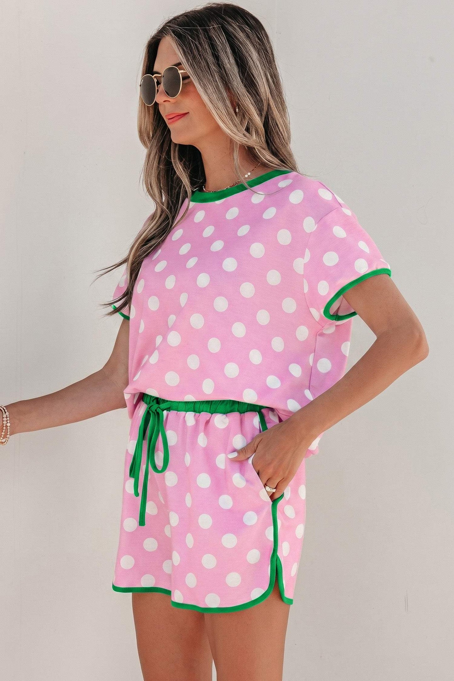 Sky Blue Polka Dot Contrast Edge Casual Short Set