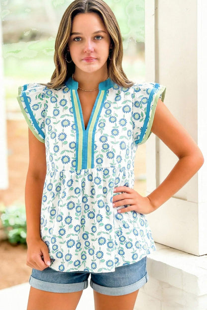 Red Sunflower Printed Contrast Trim V Neck Flutter Sleeve Blouse