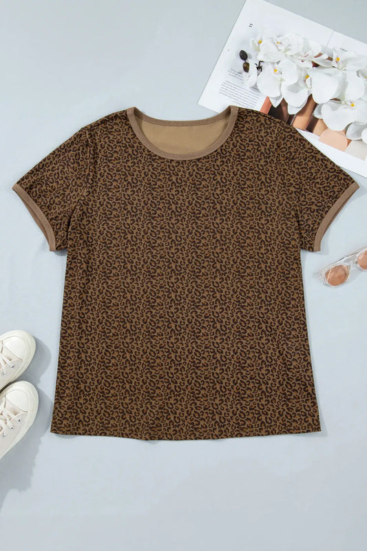 Khaki Plus Size Leopard Print Ribbed Trim Round Neck Tee - Sweet Fashion Wholesale