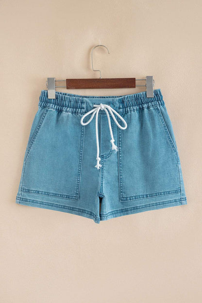 Beau Blue Contrast Drawstring Elastic Waistband Denim Shorts
