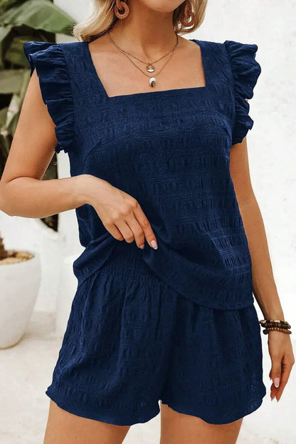 Black Textured Square Neck Top and Shirred High Waist Shorts Set - Sweet Fashion Wholesale