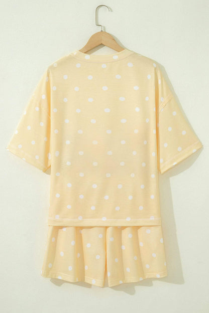 Yellow Exposed Seam Detail Polka Dot Loose Tee Drawstring Shorts Set
