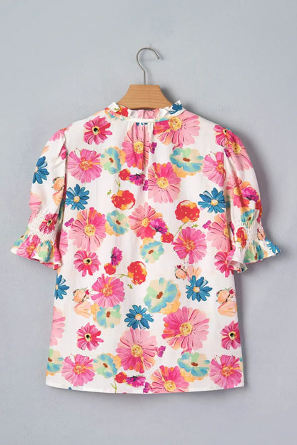 Beige Vibrant Summer Floral Tie V Neck Short Puff Sleeve Blouse - Sweet Fashion Wholesale