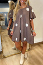 Brown Polka Dot Print Knot Back Short Puff Sleeve Loose Mini Dress